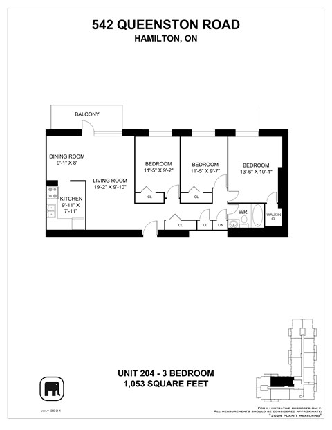 A floor plan for a 3 bedroom apartment at 542 Queenston Road, Hamilton, ON.